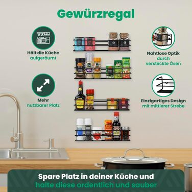 Металеві підставки для спецій - 4 шт. и - можна кріпити без свердління - для спецій, як вкладиш у шафу або органайзер - розмір 32,2 x 6,5 x 7,4 см (матово-чорні)