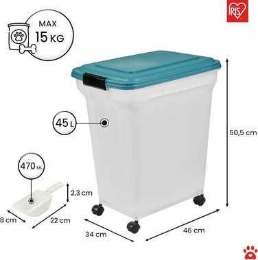 Герметичний контейнер для сухого корму Iris Ohyama ATS-L 40л/15кг, блакитно-зелений, на колесах. З лопаткою, без BPA. Для собак, котів та інших домашніх тварин.