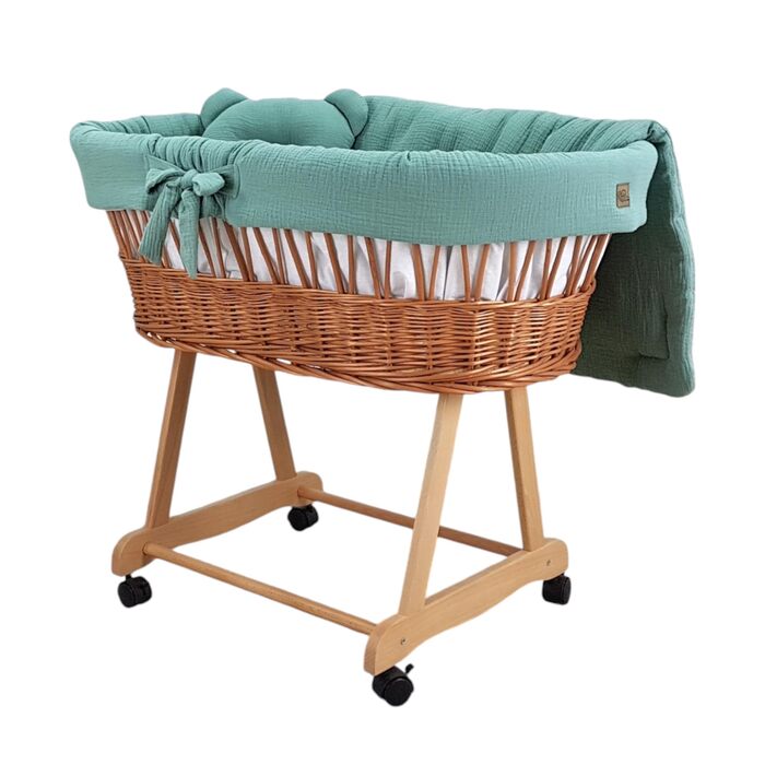 Дитяча колиска з колесами та гальмами кошик Moses з натуральної верби, включаючи матрац та постільну білизну кольору хакі зі 100 бавовни, сертифікована Oeko-Tex безпечна та мобільна модель Amelia