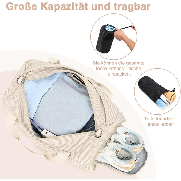 Спортивна сумка для дітей, сумка для плавання для хлопчиків та жінок з відділенням для взуття та відділенням для вологи, сумка для купання для підлітків, невелика дорожня сумка, сумка для фітнесу (Corduroy Pure Beige)