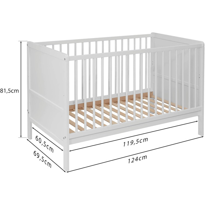 Дитяче ліжко Nelly 120x60 см Дитяче ліжко Біле Букове дерево Регульована висота у 2 напрямках 3 знімні перекладини Сертифіковано EN 716