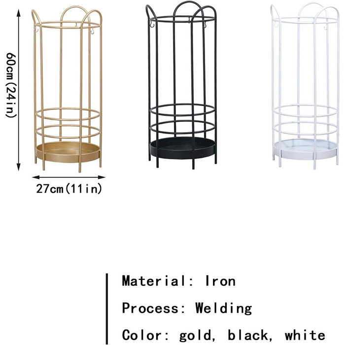 Органайзер для відра для парасольки Cuiynic, підставка для парасольки, кругла, з 3 гачками, металева підставка для парасольки, передпокій, офіс, тримач парасольки, золото, чорний, білий/білий (білий Q) Білий Q