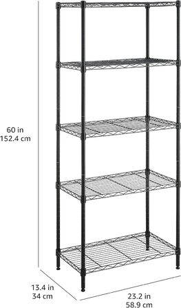 Вузька шафа для зберігання Storeo Basics з 5 полицями, регульованими по висоті полицями та ніжками, чорна, 60,1 x 35,6 x 152,4 см, без коліс Чорна 5 полиць 60,1 x 35,6 x 152,4 см Без коліс