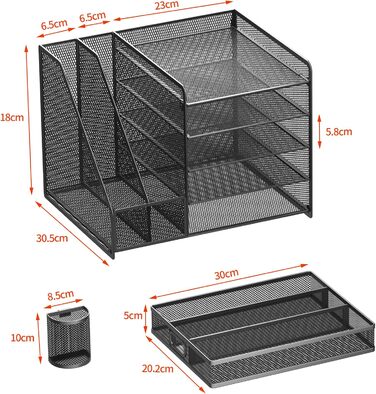 Настільний органайзер з тримачами для файлів, 5-рівневий органайзер для паперів з шухлядою та 2 тримачами для ручок, сітчастий настільний органайзер для файлів з тримачем для журналів для офісу, 5-рівневий настільний органайзер, чорний, з шухлядою та 2 тр