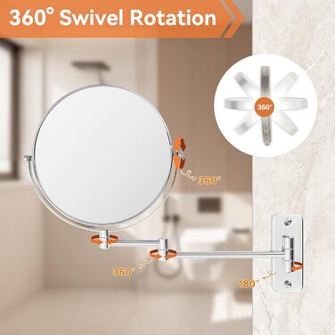 Косметичне дзеркало AumVum настінне, 8-дюймове дзеркало для гоління з 10-кратним збільшенням, поворотне розсувне дзеркало для ванної кімнати /10 шт. на 360, хромоване