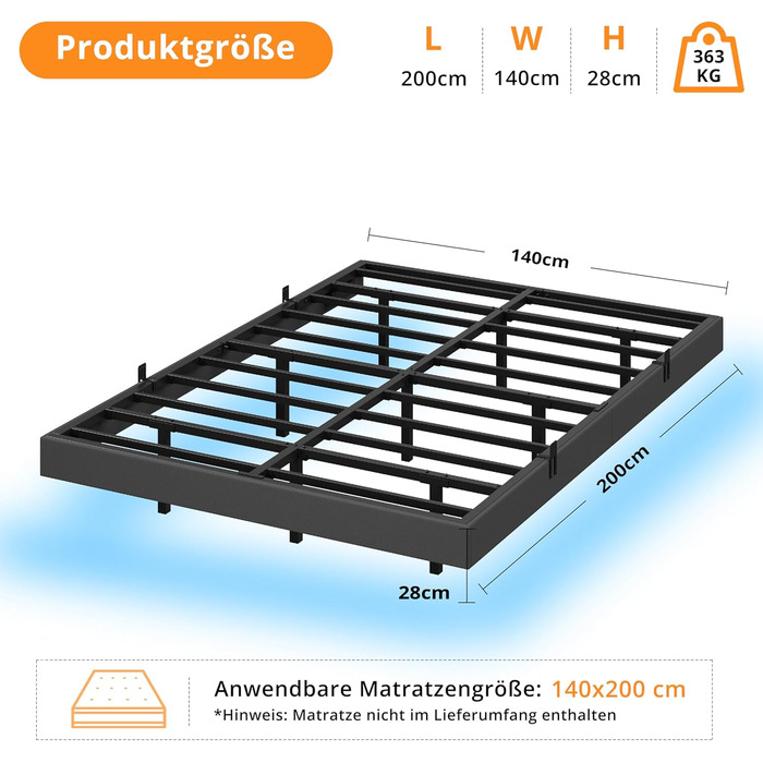 Ліжко IRONCK 140x200 зі світлодіодним освітленням та зарядною станцією, каркас ліжка 140x200 см з м&39якою оббивкою, плаваючий каркас ліжка, каркас ліжка 140x200 см, дитяче ліжко, металеве ліжко з рейковою основою, двоспальне ліжко, сірий колір