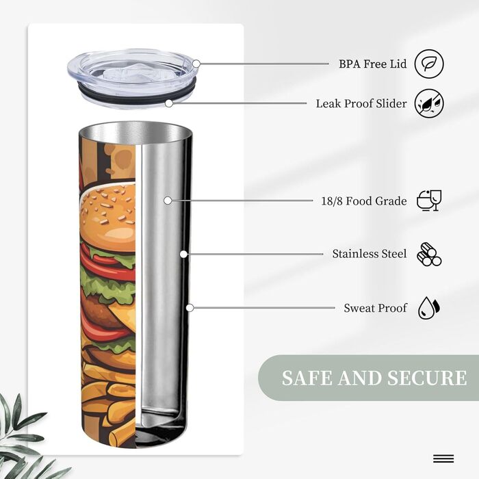 Кухоль з прямою трубочкою, мультяшний дизайн, великі бургери, принт, дорожній кухоль, підходить для кемпінгу, офісу та дому, 590 мл