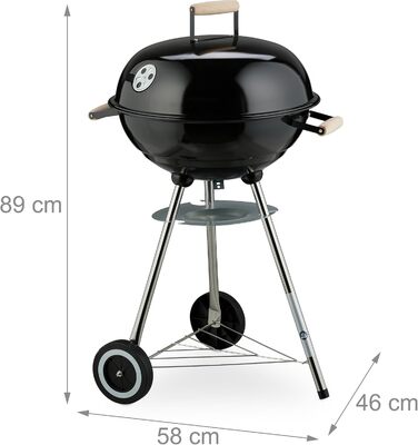 Вугільний гриль-мангал, Ø 44 см, решітка для грилю, для вулиці, з колесами та ніжками, з піддоном для попелу, коптильня, чорний