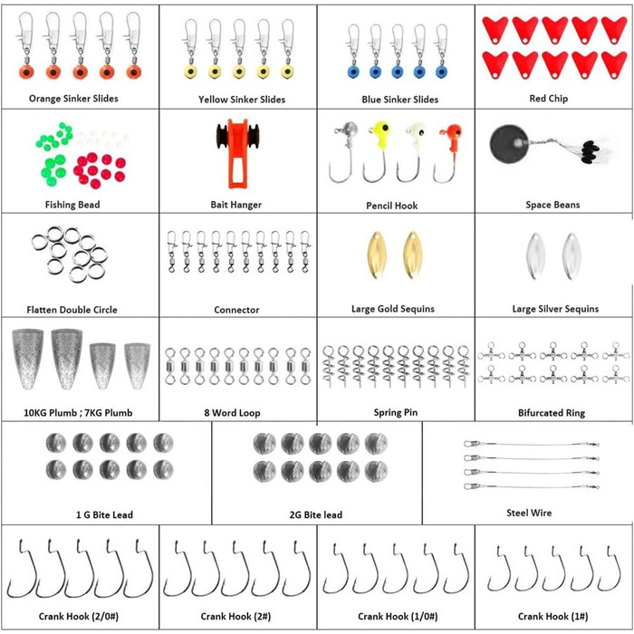 Набір рибальських гачків Vicloon, набір аксесуарів для риболовлі, включаючи джиг-гачки, грузила для закидання окуня Bullet Bass, різні рибальські поворотні застібки, ковзанки для риболовлі, намистини для волосіні тощо з коробкою для снастей