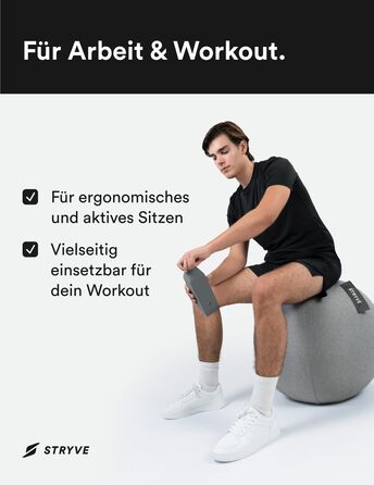 М&39яч для вправ STRYVE Office 65,70 см - Ергономічний м&39яч для вправ з чохлом, який можна прати, та захистом від перекочування, включаючи повітряний насос - Вантажопідйомність до 150 кг - Як офісний стілець, табурет 65 см, тканина Casual Grey
