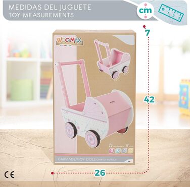 Дерев'яна, 26,5 x 39 x 46 см, рожево-біла, з колесами, для ляльок від 30-40 років, коляска для дитячих іграшок 3 роки, коляска для