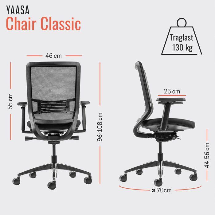 Ергономічне офісне крісло Yaasa Chair Classic, чорного кольору регульоване робоче крісло з поперековою опорою та 3D-підлокітниками обертове крісло для здорового сидіння в домашньому офісі та кабінеті сучасний дизайн, 130 кг, чорний класичний