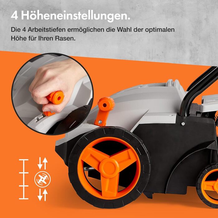 Електричний аератор/вертикуттер/граблі для газону 1500 Вт, для розпушування та прибирання газону, видаляє повсть, мох та листя, покращує аерацію ґрунту, мішок для збору 30 л, 4 рівні висоти зрізу, ширина робочого захоплення 32 см, потужність 1500 Вт