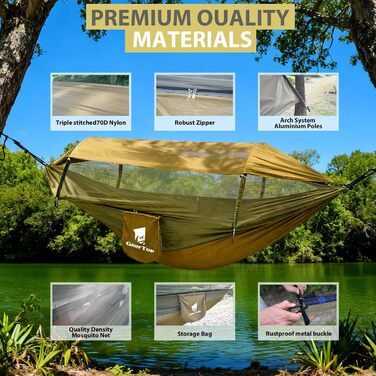 Оновлений гамак для вулиці 3-в-1 з москітною сіткою та сонцезахисним навісом, надлегкий кемпінговий гамак з вантажопідйомністю 200 кг для використання на свіжому повітрі, кемпінгу, походів, зелений