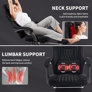 Ігрове крісло Fizzin, ергономічне ігрове крісло з висувною підставкою для ніг, регульованим підголівником, поперековою опорою (чорне)