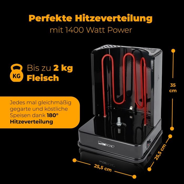 Вертикальний мультигриль Clatronic Dner-Vertikal-Multigrill Ідеальний для гіроса, кебаба та іншого Гриль для здорового приготування страв без жиру вдома Включає обертовий вертел та 6 шампурів для м'яса DVG 3686