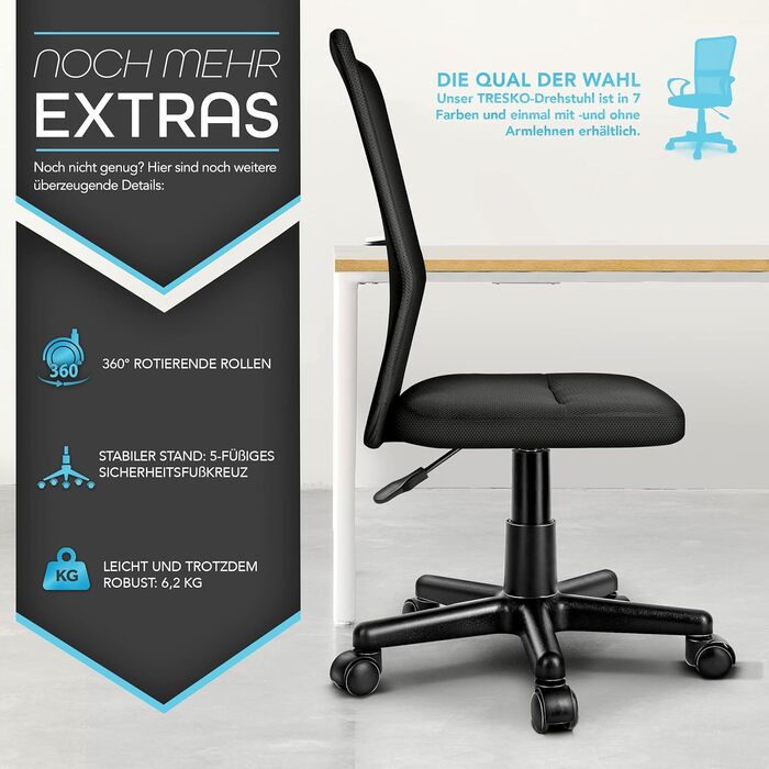 Офісний стілець TRESKO, стілець для роботи, обертовий стілець, доступний у 7 кольорах, з плавно хідними пластиковими колесами, плавне регулювання висоти, м&39яке сидіння, підйомний механізм, протестований SGS (чорний) Без підлокітників, чорний