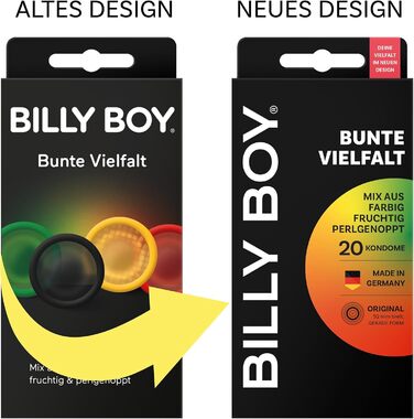 Презервативи BILLY BOY, кольорове різноманіття, 20 шт. 52 мм Різнокольоровий, фруктовий та ребристий мікс презервативів (2 x 20 шт. )