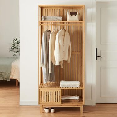 Вішалка для пальто Ypj, відкрита шафа з рейкою для одягу, шафа для передпокою, 187 x 80 x 47 см, бамбукова вішалка для курток, окремостояча вішалка для пальто