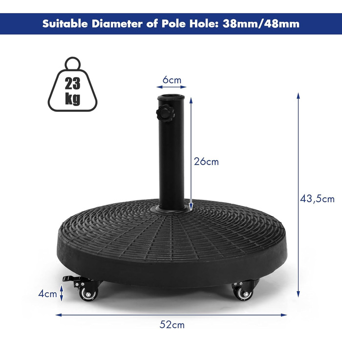 Підставка для парасольки з коліщатками KOMFOTTEU для парасольки 52см 23 кг чорна