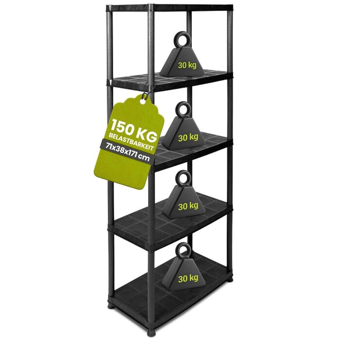 Пластиковий стелаж Kreher, стелаж для зберігання з 5 полицями, чорний. Вантажопідйомність 150 кг. 71 x 38 x 171 см. Сертифіковано TV Rheinland.