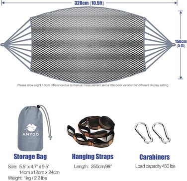 Великий сітчастий гамак Anyoo 320x150 см, дихаючий прохолодний сітчастий гамак з ременями для дерева на відкритому повітрі Кемпінг Сад Піші прогулянки Рюкзак Сірий