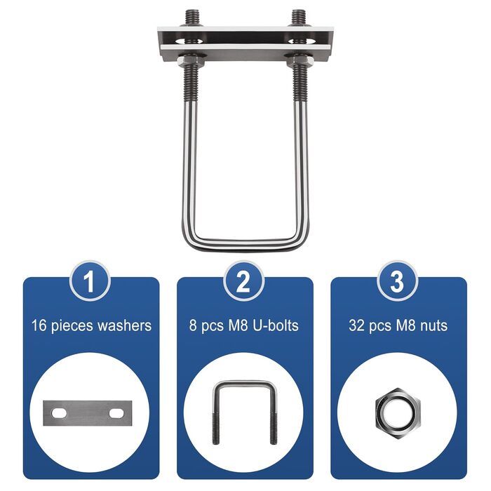 Болт M8, U-подібний різьбовий кронштейн, квадратні болти, U-болтові затискачі, U-болти для саду, автофургону, саморобки, сонячної установки та кріплення (8 шт., M8x50x130 мм)