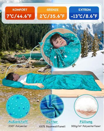 Дитячий фланелевий спальний мішок KingCamp, легкий, водонепроникний та компактний, зимовий спальний мішок, 4-сезонний спальний мішок-ковдра, аксесуар для кемпінгу, підходить для дітей зростом до 140 см, комфорт 7C, блакитне регулювання довжини