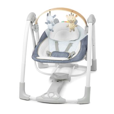 Дитячий гойдалка-шезлонг Ingenuity Swing 'n Go з дерев'яною дугою для іграшок, 5 швидкостей, для малюків від 0 до 9 місяців, до 9 кг колір Chambray