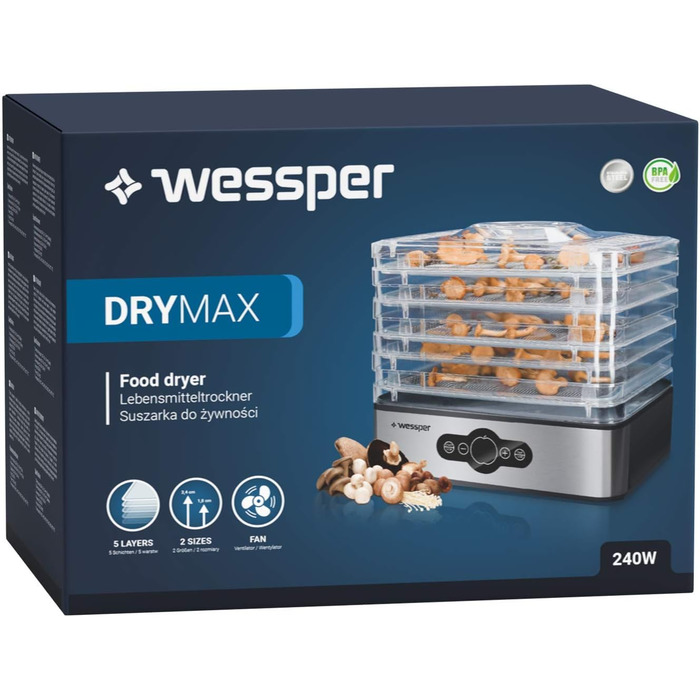 Дегідратор з нержавіючої сталі Wessper цифровий з таймером до 99 годин і регулятором температури від 35-70 за Цельсієм, 5 поверхів, без бісфенолу А, дегідратор дегідратор Дегідратор кутова сушарка для фруктів дегідратор з таймером