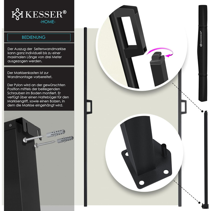 Розсувна бічна маркіз KESSER 180 x 300 см, непрозора, захист від вітру та конфіденційності для саду, балкону та тераси, бічна рулонна штора з настінним кріпленням, вкл. захист від негоди та монтажні аксесуари, бежевий 300 x 180 см