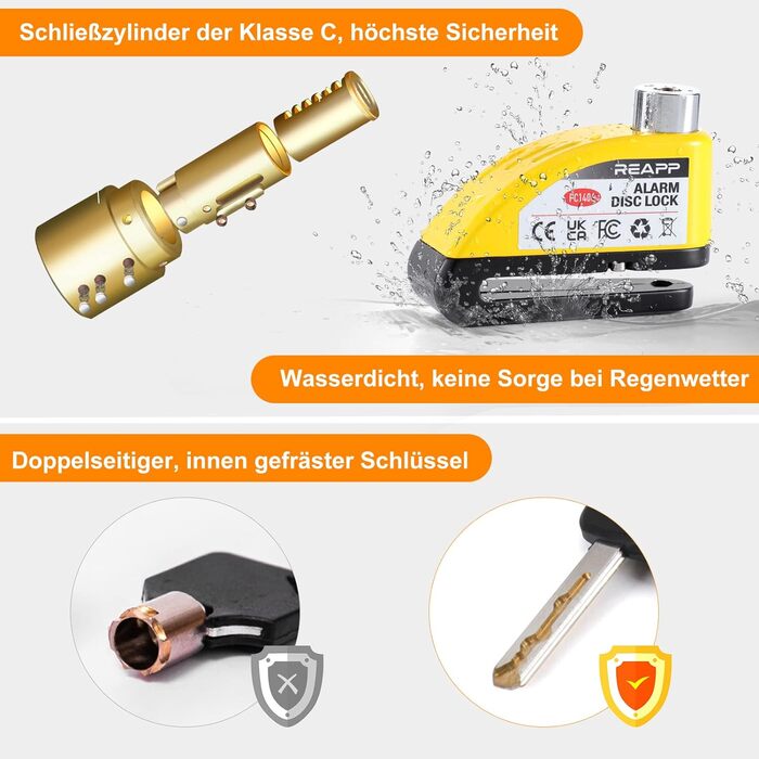 Замок гальмівного диска з сигналізацією 110 дБ, жовтий, для мотоциклів і велосипедів, з 1,5 м кабелем