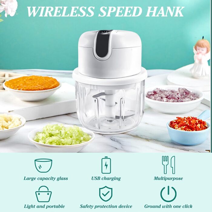 Подрібнювач кухонний електричний, міні-цибулева нарізка 250 мл з USB-портом, акумуляторна батарея для подрібнювача цибулі та лезо з нержавіючої сталі для подрібнення, нарізання та подрібнення (білий)