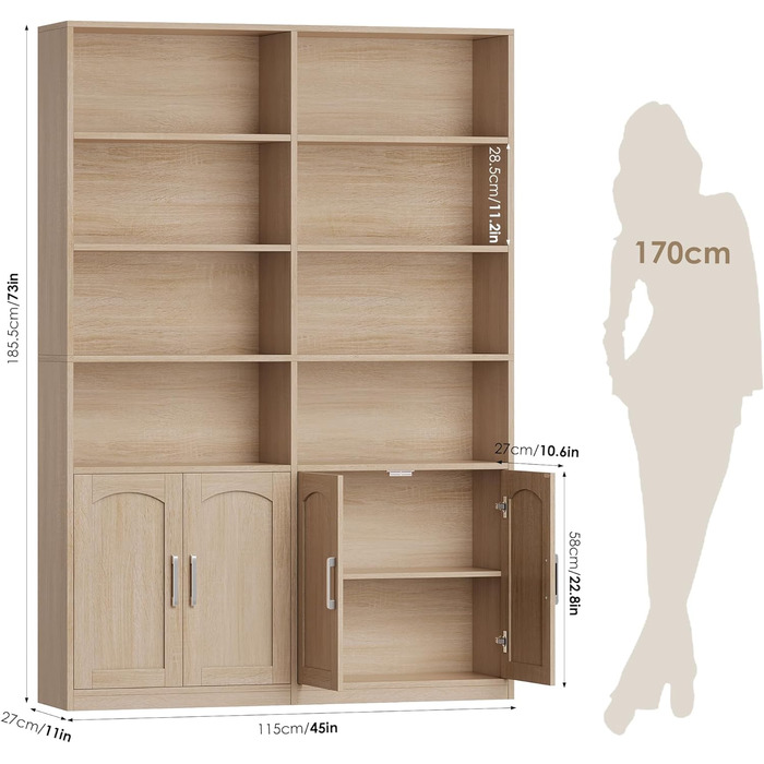 Книжкова шафа FirFurd 185,5 см з дверцятами, 12 полиць, вітрина, полиця, висока шафа для вітальні, офісу, кухні, 115 x 27 x 185,5 см, дуб