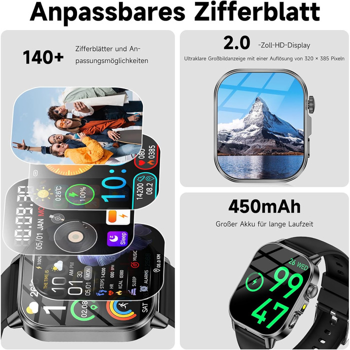 Чоловічий смарт-годинник з ЕКГ/BAT/ІМТ/ВСР/сечовою кислотою/світлодіодним підсвічуванням, 2.0-дюймовий годинник для здоров&39я з 24-годинним вимірюванням артеріального тиску, SpO2, монітором серцевого ритму, температурою тіла, монітором сну/апное, екстрен