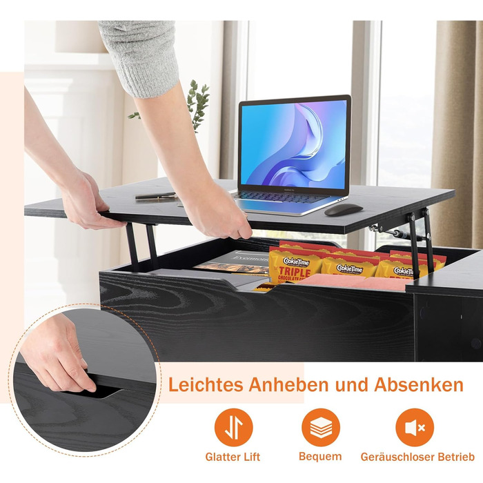 Журнальний столик Sweetcrispy з регульованою висотою, стіл для вітальні, журнальний столик з відкритим та прихованим місцем для зберігання, журнальний столик-диван, бічний столик, дерев&39яний столик-диван 100 x 50 см для вітальні, чорний/темно-чорний