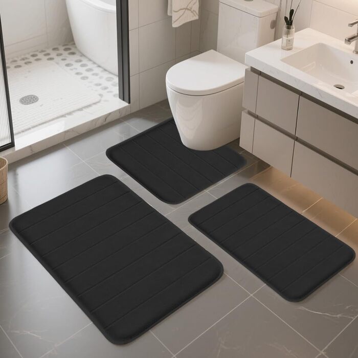 Комплект килимків для ванної кімнати, 3 предмети, чорний, килимок для ванної, що прається, нековзний килимок для ванної, матеріал з м&39якого коралового флісу, килимки для ванної, що швидко сохнуть, килимок для туалету, який можна прати в пральній машині