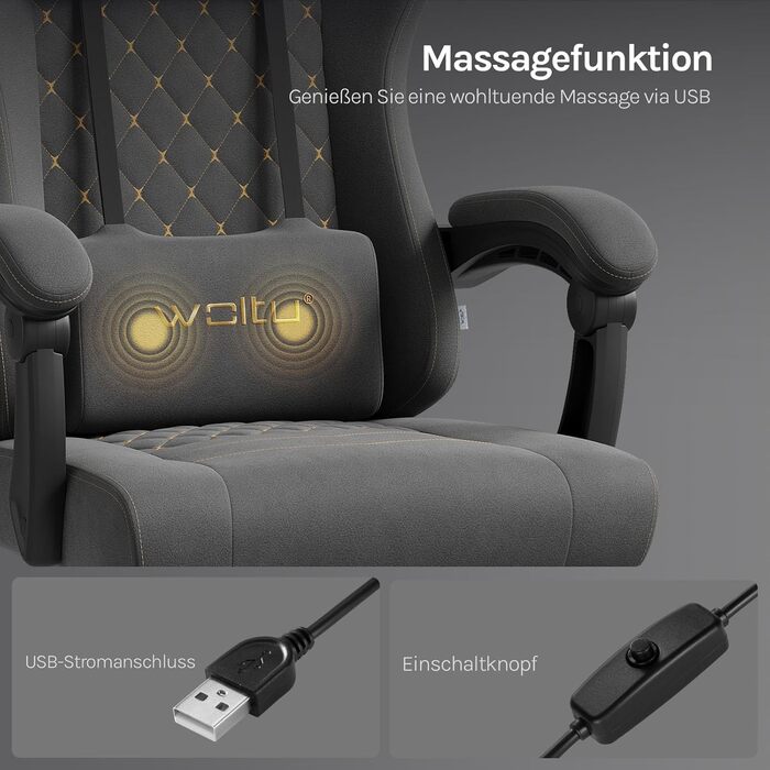 Ігрове крісло WOLTU з функцією масажу, ергономічне комп&39ютерне крісло, пружинні подушки Pocket Spring, масаж поперекового відділу хребта, підголівник, підставка для ніг, обертове крісло, 150 кг, технічна тканина, сіро-жовто-сіра технічна тканина