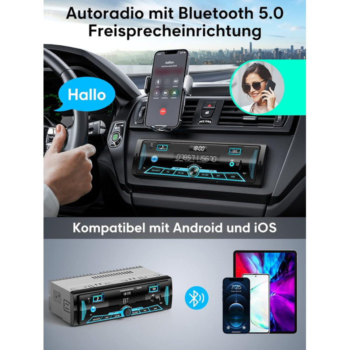 Автомобільна стереосистема RDS Bluetooth для 9-24 В, FM/AM Автомобільна стереосистема з Bluetooth Hands-free, 7 кольорів Радіо з пультом дистанційного керування MP3-плеєр Радіо2 USB/Незалежний годинник/SD/AUX(різнокольоровий)