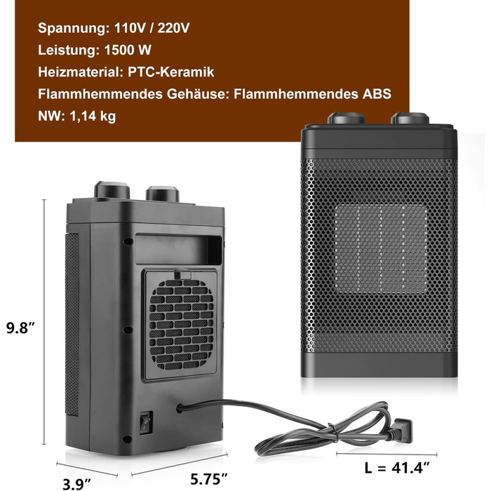 Енергозберігаючий вентилятор-обігрівач - 1500 Вт/2 с швидкий нагрів/3 режими нагріву/коливання 70/тихий обігрівач із захистом від перекидання та перегріву, керамічний вентилятор-обігрівач для офісу, спальні