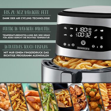 Фритюрниця HEINRICHS з нержавіючої сталі з цифровим світлодіодним дисплеєм РК-дисплей сенсорний, 8 програм 1800 Вт для фритюрниці без олії Фритюрниця Функція таймера фритюрниці, Heinrich (8 л XXL)