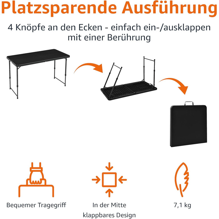 Розкладний стіл Storeo Basics, прямокутний, регульований по висоті в 4 напрямках з ручкою для перенесення, для використання в приміщенні та на вулиці, портативний, легкий, дорожній стіл, для пікніка, кемпінгу, чорний, 121,4 x 60,7 x 86,1 см, 1,2 м, митий 