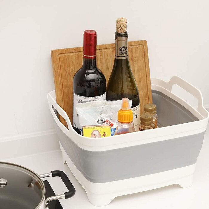 Складана миска ddLUCK, зі зливною пробкою та ручками для перенесення, велика ємність 9 л, мийка для кемпера для овочів, фруктів, їжі, миючого засобу (сіра)