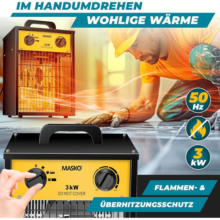 Електричний обігрівач MASKO, вентилятор-обігрівач, будівельний обігрівач, керамічний радіаційний обігрівач, електричний нагрівальний пристрій з термостатом, електричний обігрівач з 3 режимами нагріву, вентилятор-обігрівач для використання всередині та зов