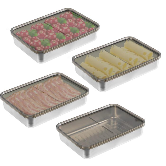 Набір із 4 контейнерів для свіжих делікатесів, харчові контейнери з нержавіючої сталі, штабельовані холодильні контейнери, придатні для охолодженого та замороженого зберігання сиру, ковбаси та інших продуктів.