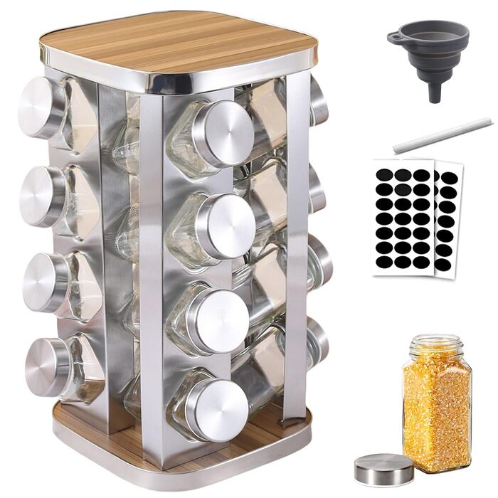 Обертова на 360 підставка для спецій з нержавіючої сталі з 16 баночками для спецій карусельний органайзер для спецій для кухні, дерев&39яна та скляна підставка для спецій, поворотний стіл компактна, стійка до іржі, без бісфенолу А, срібляста