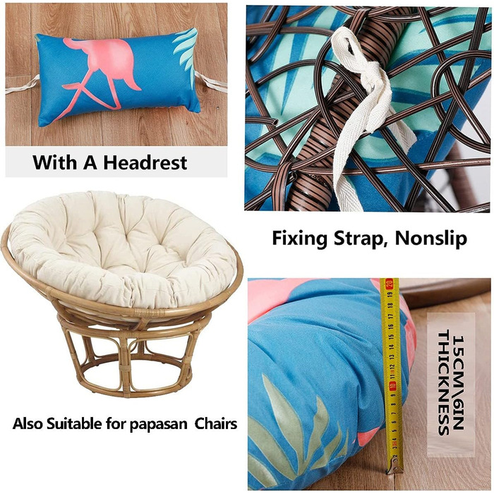 Подушка для підвісного крісла на вулицю, XXL, сіра, діаметр 105 см, товщина 15 см, піна з ефектом пам&39яті, можна прати, знімний чохол, нековзний ремінь, регульований підголівник