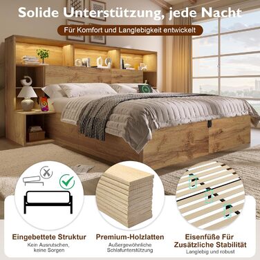 Двоспальне ліжко ANIROY, дерев&39яне ліжко 180x200 см, гідравлічне ліжко з місцем для зберігання речей та узголів&39ям, узголів&39я для зберігання речей зі світлодіодним підсвічуванням та портом USB-C, каркас ліжка System з рейковою основою, матрац не вхо