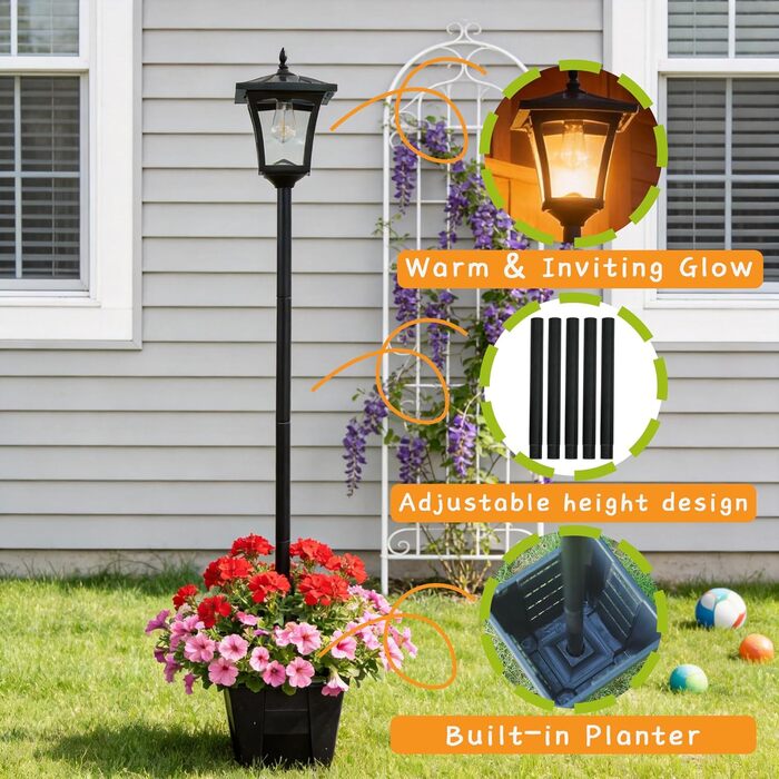 Сонячний ліхтар з кашпо, 150 см, світлодіодний, водонепроникний, чорний, сонячний ліхтарний стовп, стійкий до атмосферних впливів для зовнішнього використання