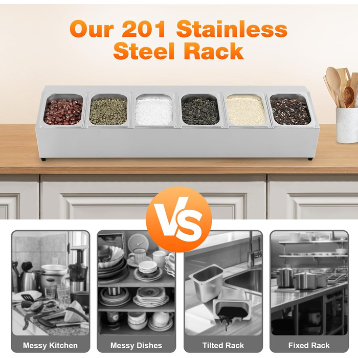 Контейнерів для інгредієнтів з сітки, контейнери для інгредієнтів з нержавіючої сталі, контейнери для гарнірів, барні контейнери, для ресторанів, магазинів хот-потів, магазинів молочного чаю, фруктових магазинів, 2 л x 6, 104 x 22,5 x 22 см, 6